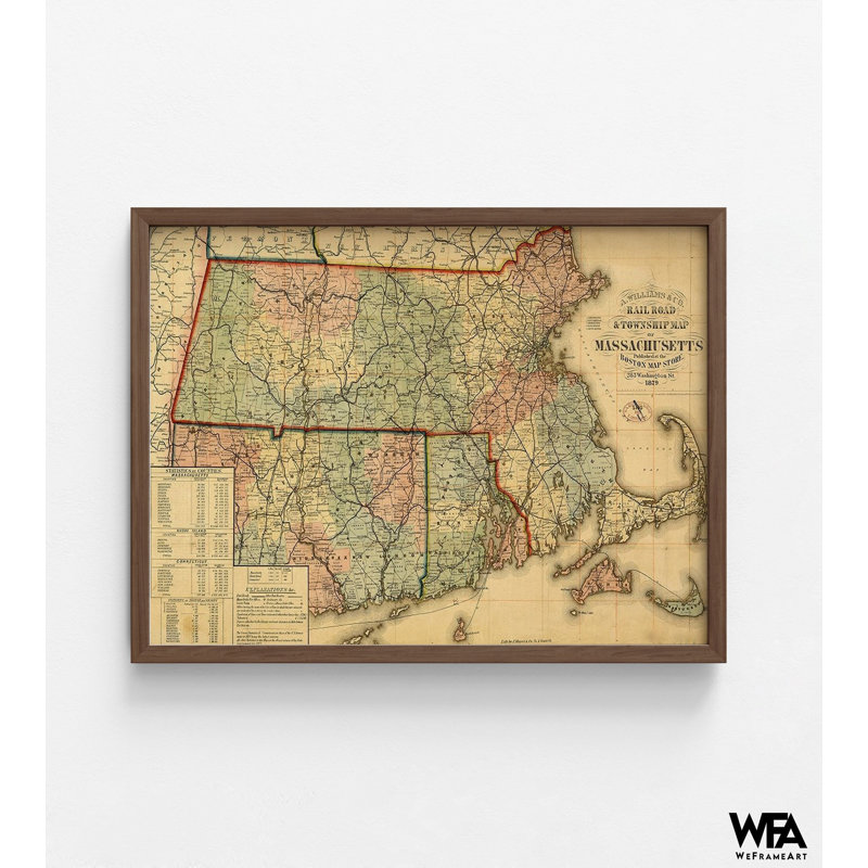 Chemin de fer et carte de banlieue noire du Massachusetts 1879, impression de carte du Massachusetts, carte de l'État du Massachusetts, décor de salle de bain rustique, art d'entrée de bureau mural