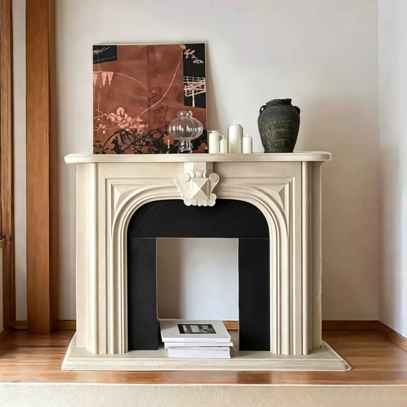 Modern Bbeige Solid Wood Freestanding Fireplace