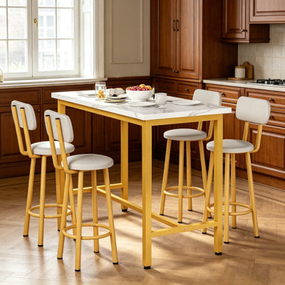 Ensemble de table de bar 5 pièces à hauteur de comptoir avec 4 tabourets de bar, ensemble de salle à manger avec îlot de cuisine industriel avec plateau en faux marbre / bois, ensemble de table de pub avec structure en métal pour petite cuisine