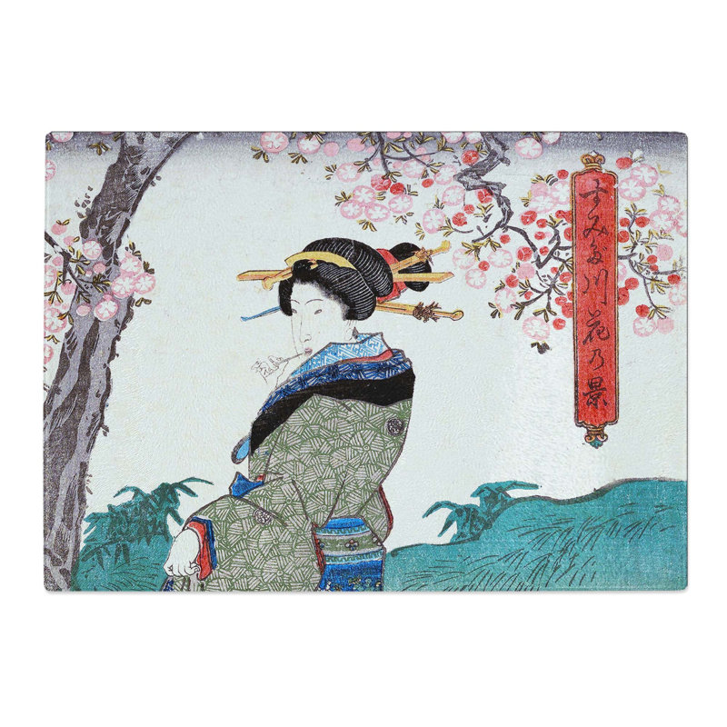 Tempered Glass Women Beneath the Cherry Trees by Utagawa Kunisada Chopping Board, 39 cm W x 28.5 cm L