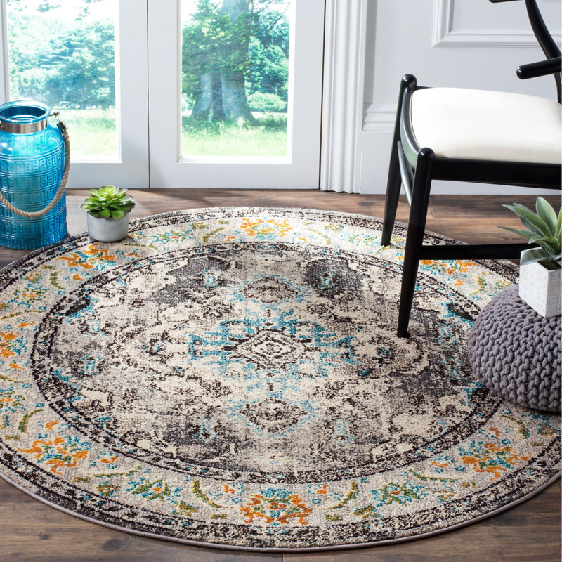 Almyra Oriental Area Rug, Round 11', Forest Green/Light Blue