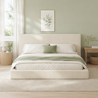 Upholstered Corduroy Bed Frame with Adjustable Sliding Side Table