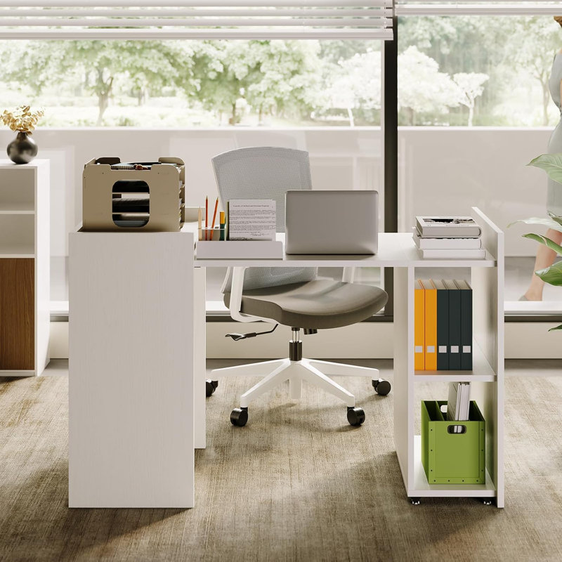 50" Foldable White Desk with Storage Shelves & Wheels, Engineered Wood