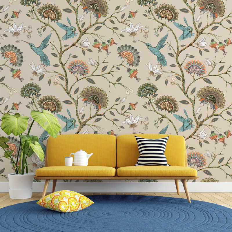 Papier peint floral avec colibris, L 75,96 po x l 114 po