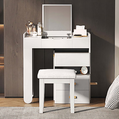 Bureau de coiffeuse 3-en-1 avec miroir à DEL rabattable et armoire réglable