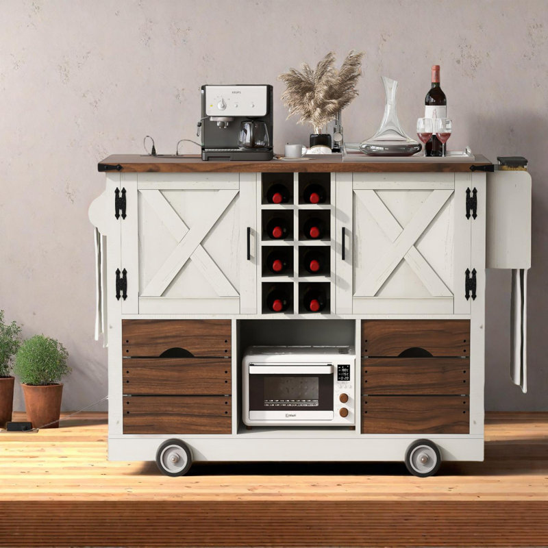 54" Farmhouse Kitchen Island with Drop Leaf and Storage, White