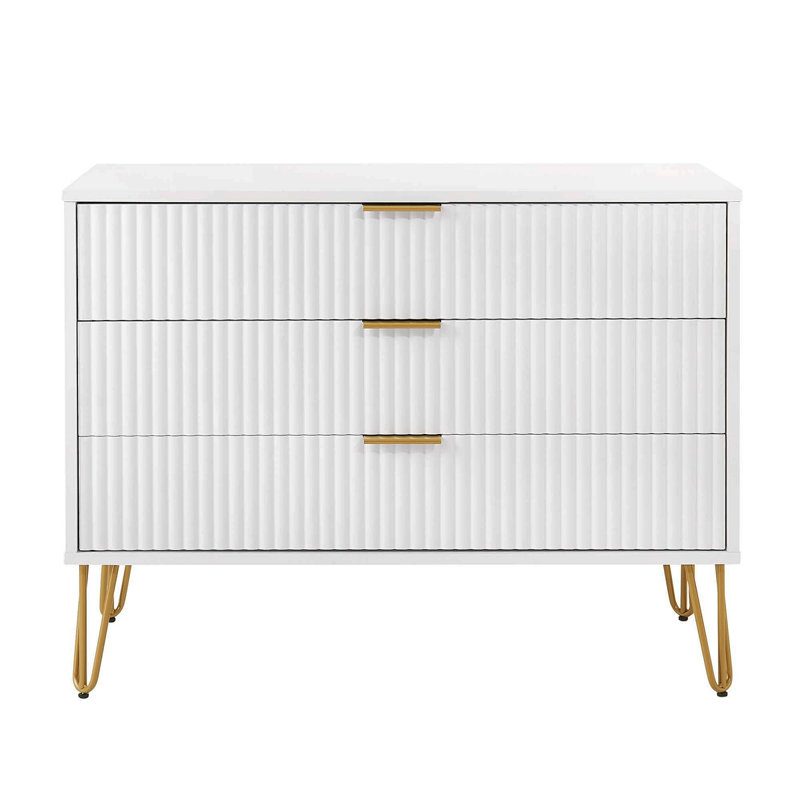 Commode cannelée 35 po Dumbo en blanc (3 tiroirs), Blanc / Doré