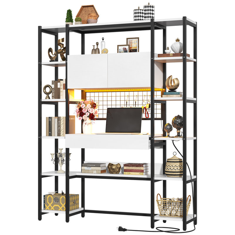 Bureau multifonctionnel à DEL avec bibliothèque, poste de travail autoportant de 55 po avec multiprise, tiroir et tablettes ouvertes pour petits espaces