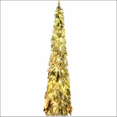 Tall Prelit Pencil Artificial Christmas Tree Holiday Décor with 407 Snow Flocked Branches, 250 Warm White or Colorful LED Lights, Downswept Shape