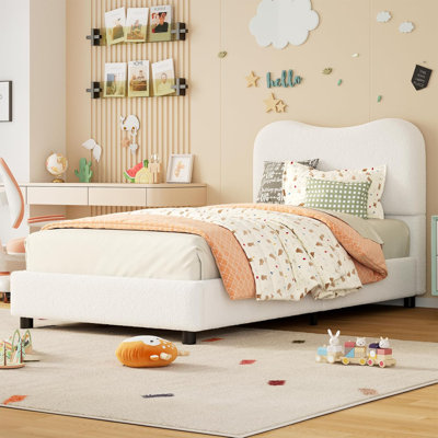 Queen Size Platform Bed Frame, Metal Frame Twin Bed Fame with Strong Wooden Slats,Sherpa Fabric Upholstered Bed Frame with Headboard, No Box Spring Needed,No Noise Free, Beige White