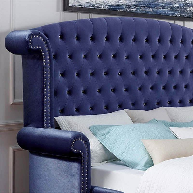 Glamorous Blue 1Pc Queen Size Bed Velvet Like Fabric Tufted Wingback Headboard Bedroom Furniture