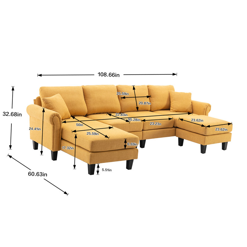 Canapé modulaire avec repose-pieds et méridienne 108,66 po Charlotte, 100 % polyester jaune