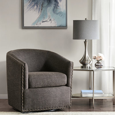 Swivel Conservatory Chair: High Foam Padding, Chocolate Fabric, Bronze Nailhead Trim, Solid Wood Frame, 360-Degree Swivel, No Assembly 360 Swiveling Chair With High Back - Fabric Cover, Cushion, Trim