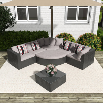 Ensemble de canapé d'extérieur en osier 7 pièces, canapé en rotin, avec coussins colorés, canapé de conversation, pour patio, jardin, terrasse, osier noir