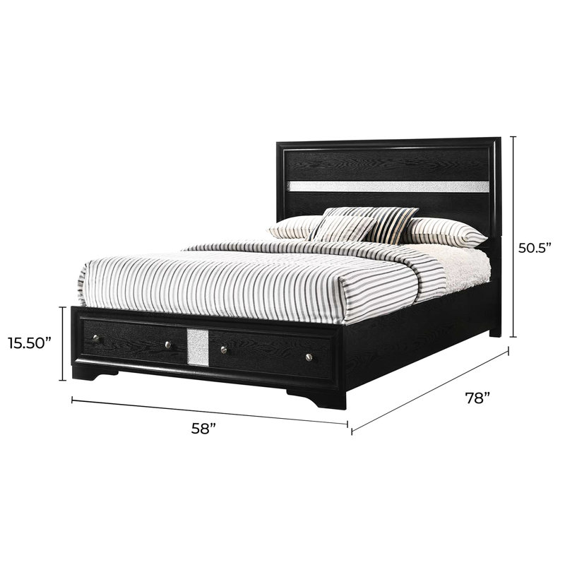Lit de rangement traditionnel noir pleine grandeur avec matériaux en bois, deux tiroirs, conçu pour la chambre à coucher, et confortable