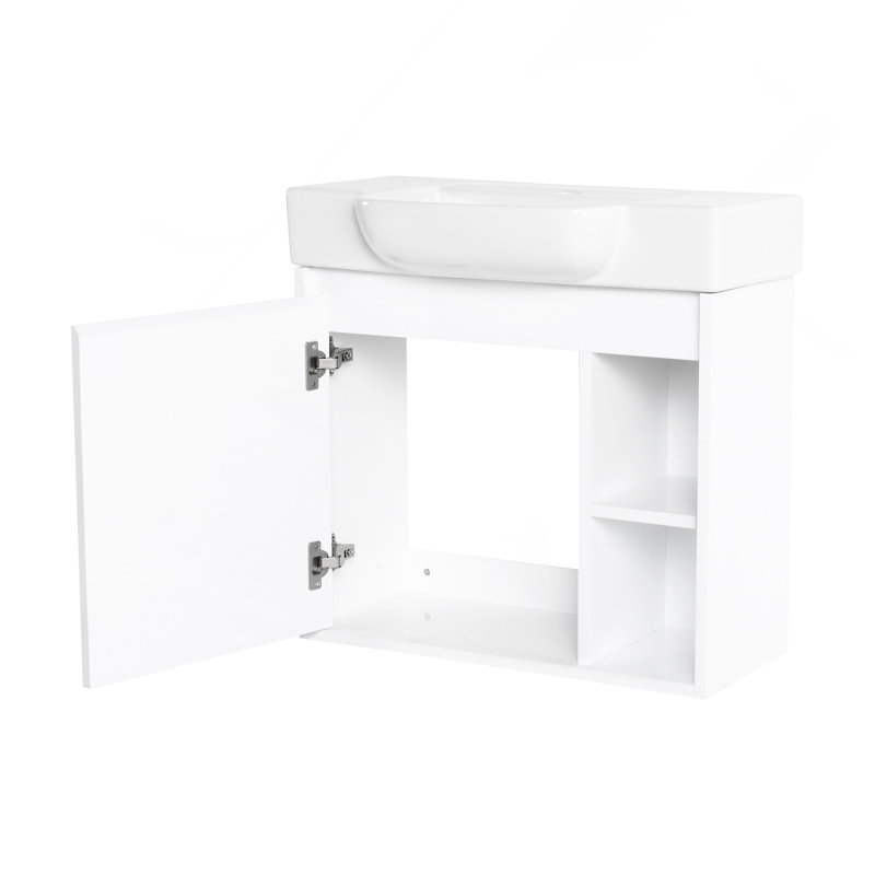 Meuble-lavabo mural 24 po avec lavabo en céramique blanche et porte à fermeture en douceur, blanc brillant, White