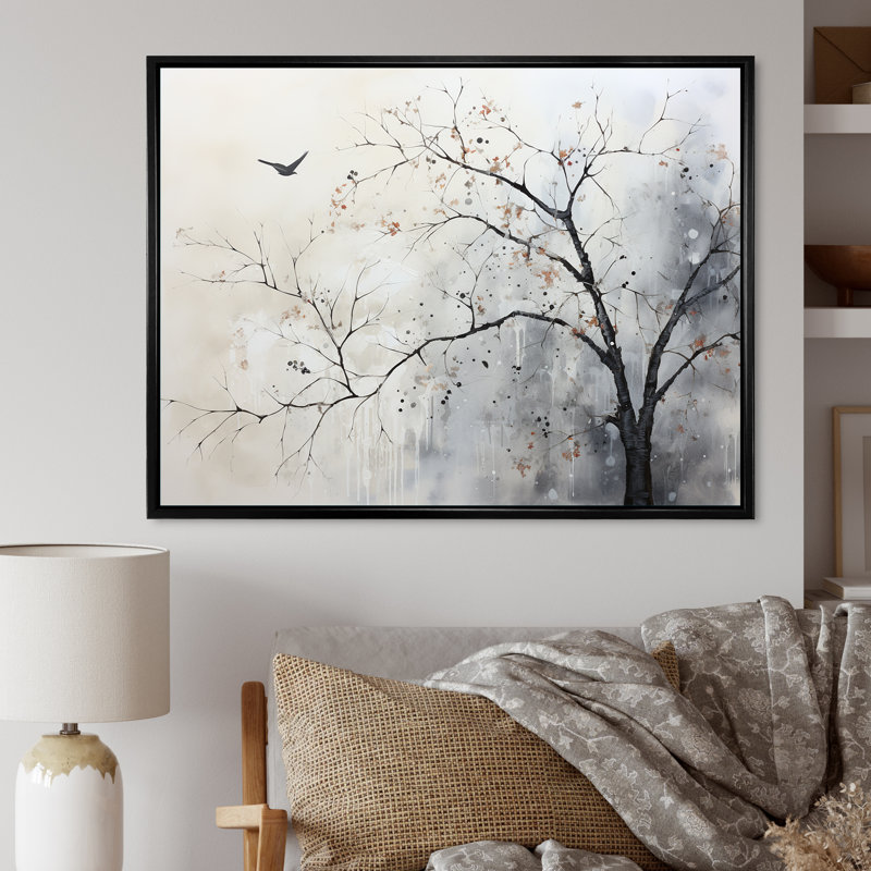 Minimalisme, oiseaux monochromes sur branche I - art mural arbres, Cadre flottant noir, H 24 po x l 32 po x P 1 po