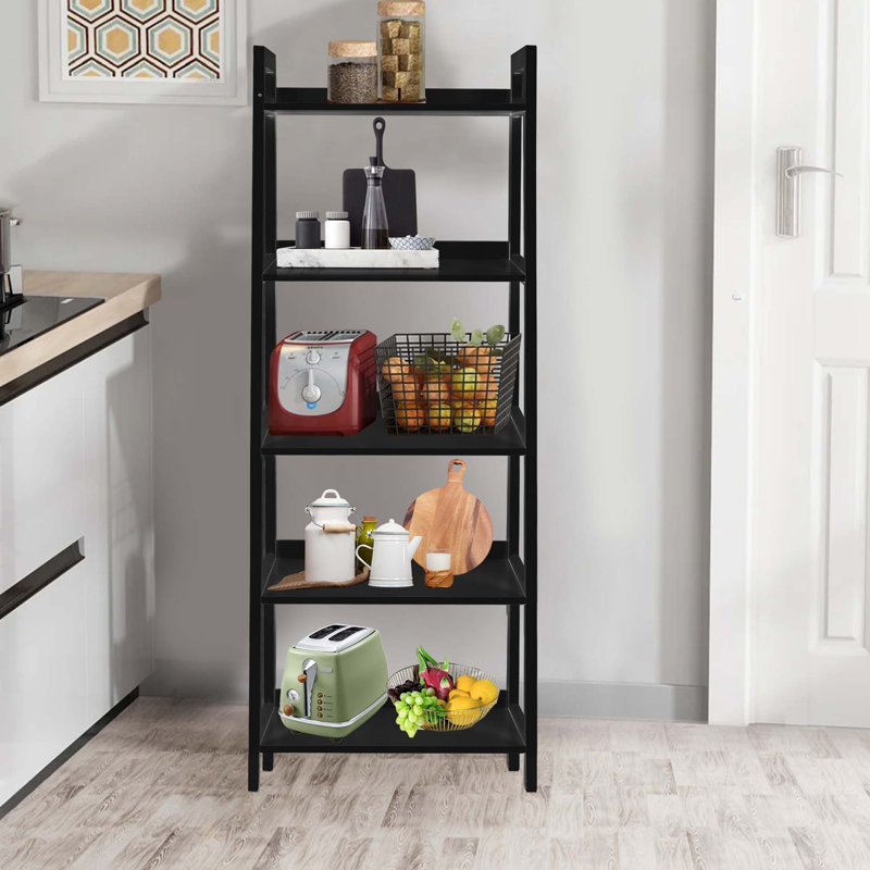 Wood Bookcase Ladder Bookshelf Shelving Unit, (5 Shelves) 51.6"H x 17"W x 13.5"D, Black