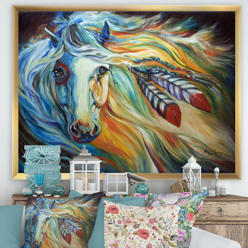 «Breaking Dawn Indian War Horse», reproduction sur toile encadrée, H 30 po x l 40 po x P 1,5 po, Cadre doré