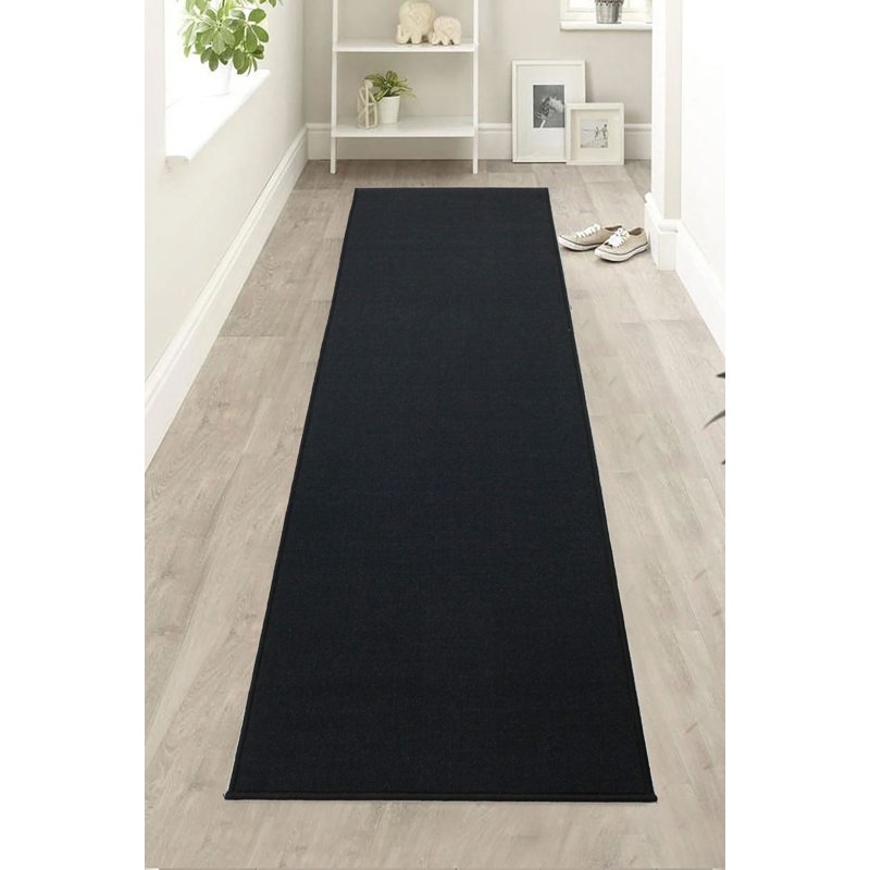 Sariah Custom Size Washable Anti Slip Low Profile Loop Pile Solid Black Design Runner Rug Carpet, Runner 1'10" x 2'