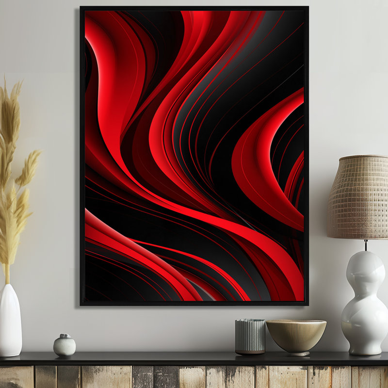 «Happy Streams Minimal Red Black - Abstract Modern Waves», art mural salon, Toile avec cadre flottant noir