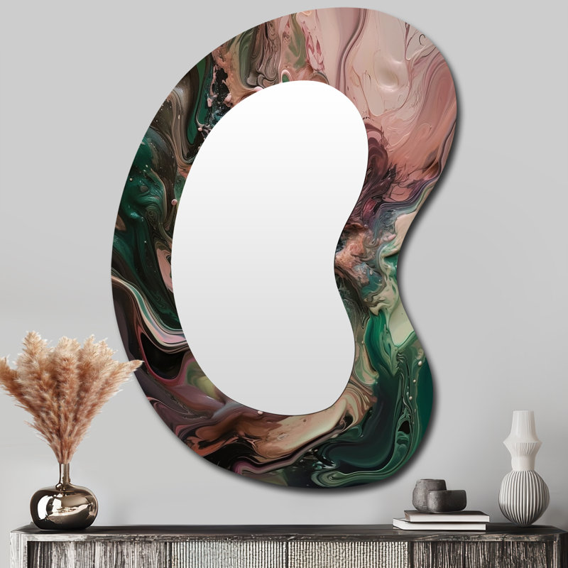 Esteysi Pink Green Inner Worlds Of Marble IV - Geometric Irregular Shape Wall Mirror, Pink Asymmetrical Decorative Mirror, Printed Metal Art