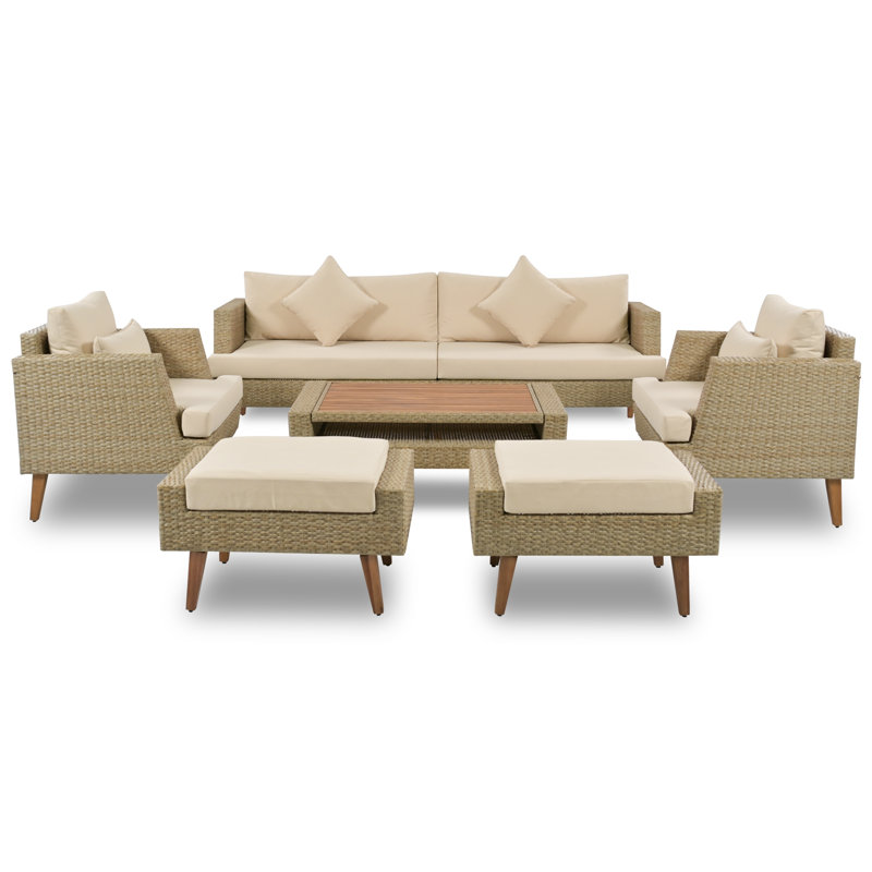 Ensemble de conversation moderne 6 pièces avec osier durable et coussins moelleux, Brun, Brown