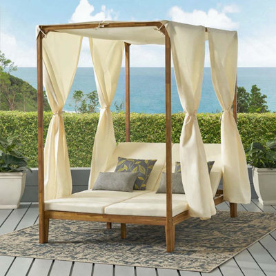 Acacia Wood Daybed with Adjustable Lounges and Water-Resistant Curtains