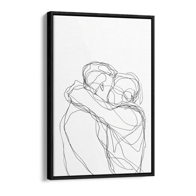 Minimalist line drawing of a loving embrace Canvas Floater Frame Print Picture Art - Black Frame
