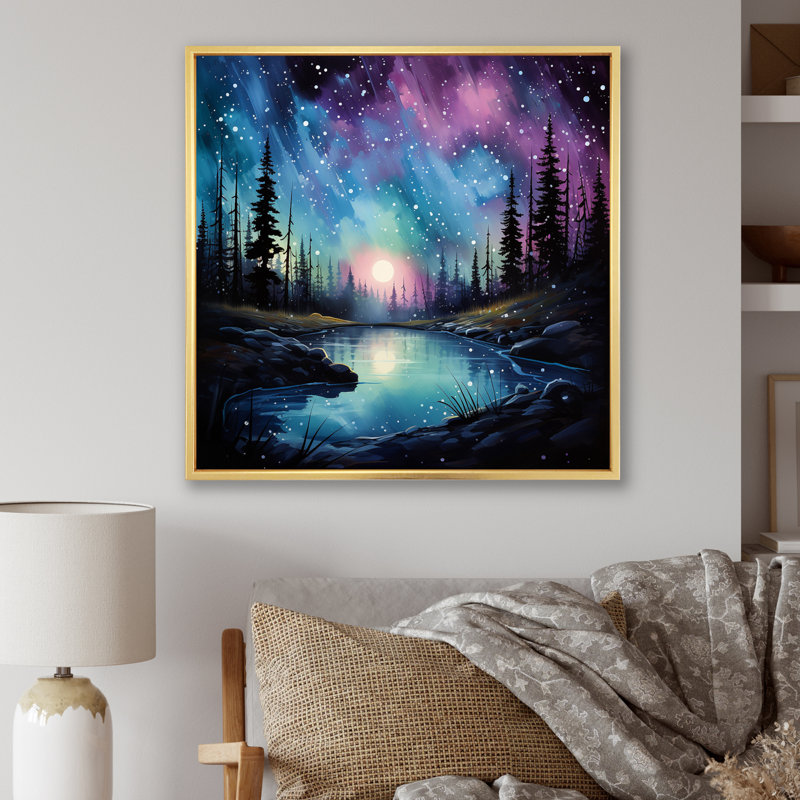 Aurores boréales dansant sur une reproduction sur toile, Cadre flottant doré, H 36 po x l 36 po x P 1,5 po