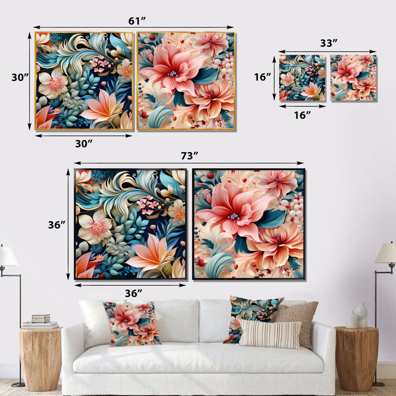 Ensemble de 2 fleurs bleues et roses à motif cachemire motif floral II, Toile tendue, H 16 po x l 33 po x P 1 po