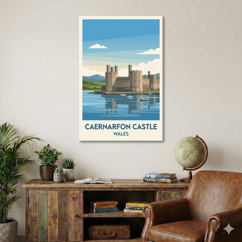 Caernarfon Castle, Wales - Romantic Coastal Fortress Travel Poster. Giclee Print On Wrapped Canvas. Wall Art, Home Decor - Castles & Palaces, Wales - Wrapped Canvas Print
