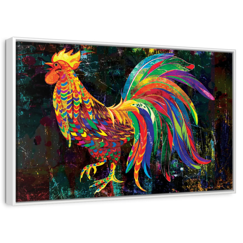 Coq abstrait multicolore, Cadre flottant blanc, 37 po x 25 po