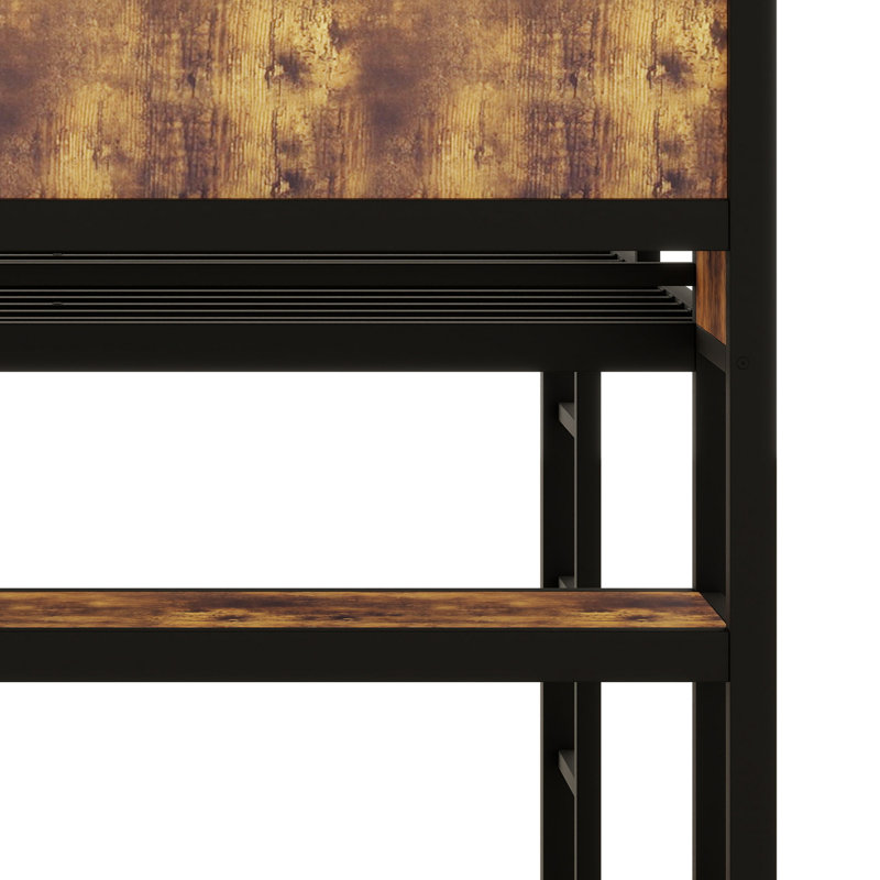 Metal Loft Bed Featuring A Wardrobe, L-Desk And  Storage Shelves, Black Woodgrain