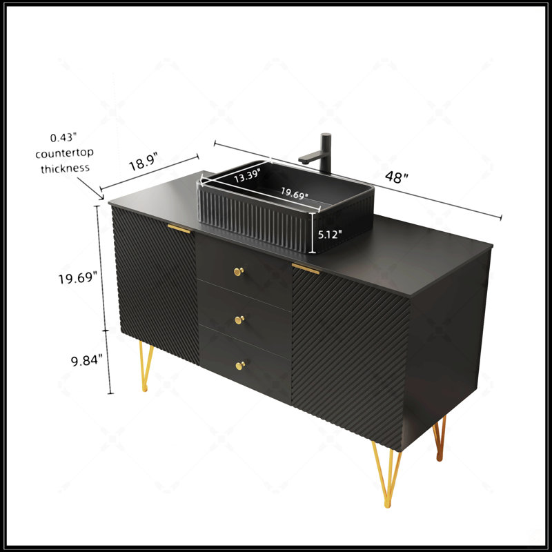 Meuble-lavabo de 48 po avec lavabo, armoire autoportante en contreplaqué, 3 tiroirs, 2 portes, lavabo en céramique noire, plateau en pierre frittée, pré-assemblé, noir et or