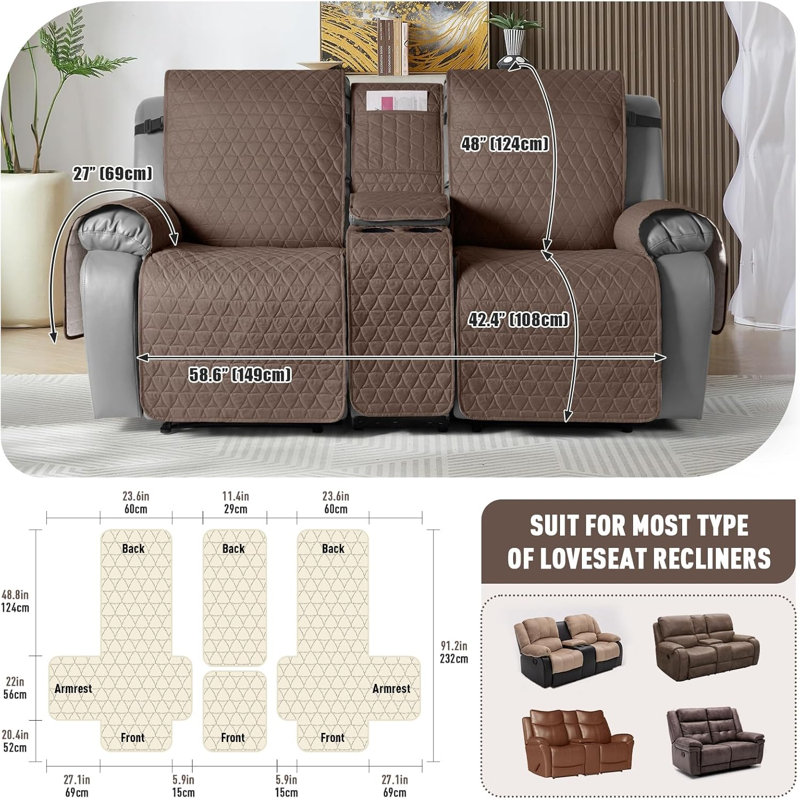 100% Waterproof 2-Seater Recliner Sofa Cover with Center Console — Non-Slip & Washable (2-Seater, Brown)