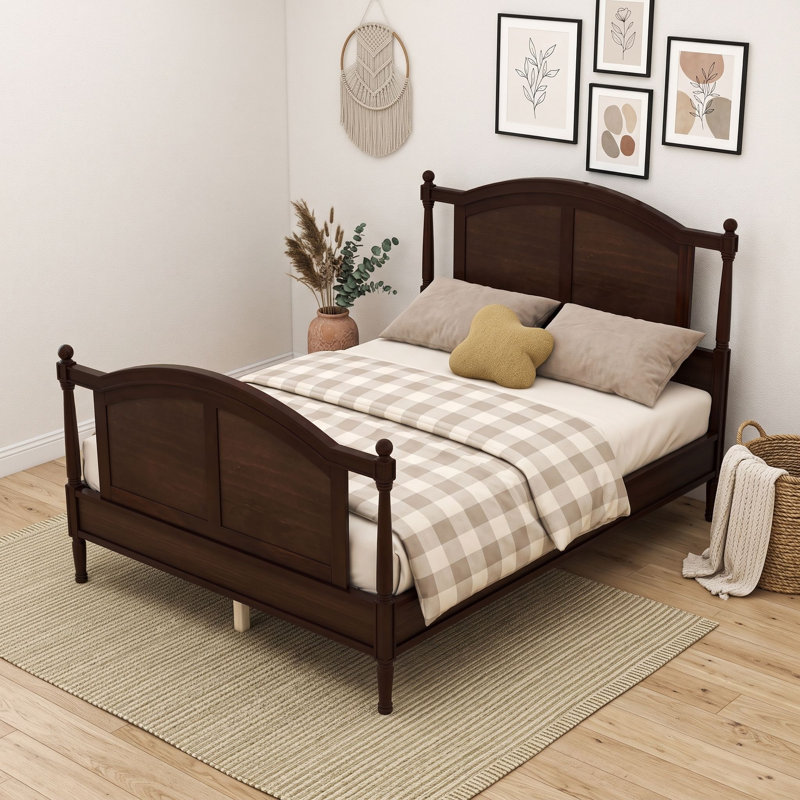 Lit plateforme en bois avec tête de lit et pied de lit, Noyer, Lit double