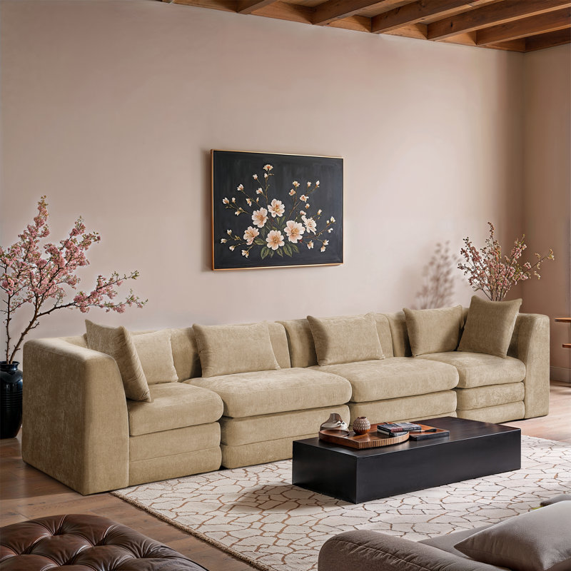 Causeuse modulaire en tissu Eilene Chenille, Tissu chenille beige, 2 sans accoudoirs, 2 en coin