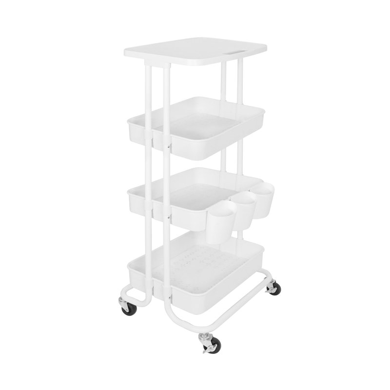 Chariot de rangement en métal à 4 niveaux avec plateau de table et 3 tasses suspendues et roues verrouillables, paniers de rangement multifonctionnels pour la cuisine