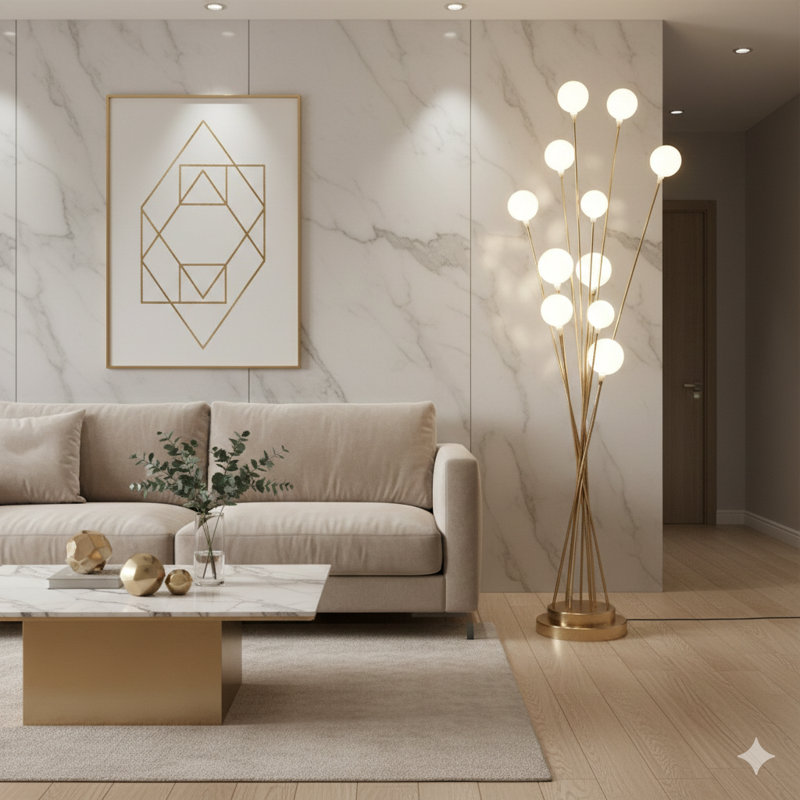 Lampe sur pied 46 po en acrylique à 11 lumières DEL Aluminun, Doré