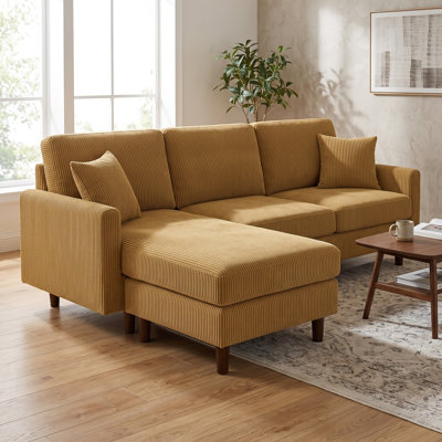 92.5" corduroy sectional with wooden legs and toss pillows, l-shaped sofa for living room apartment