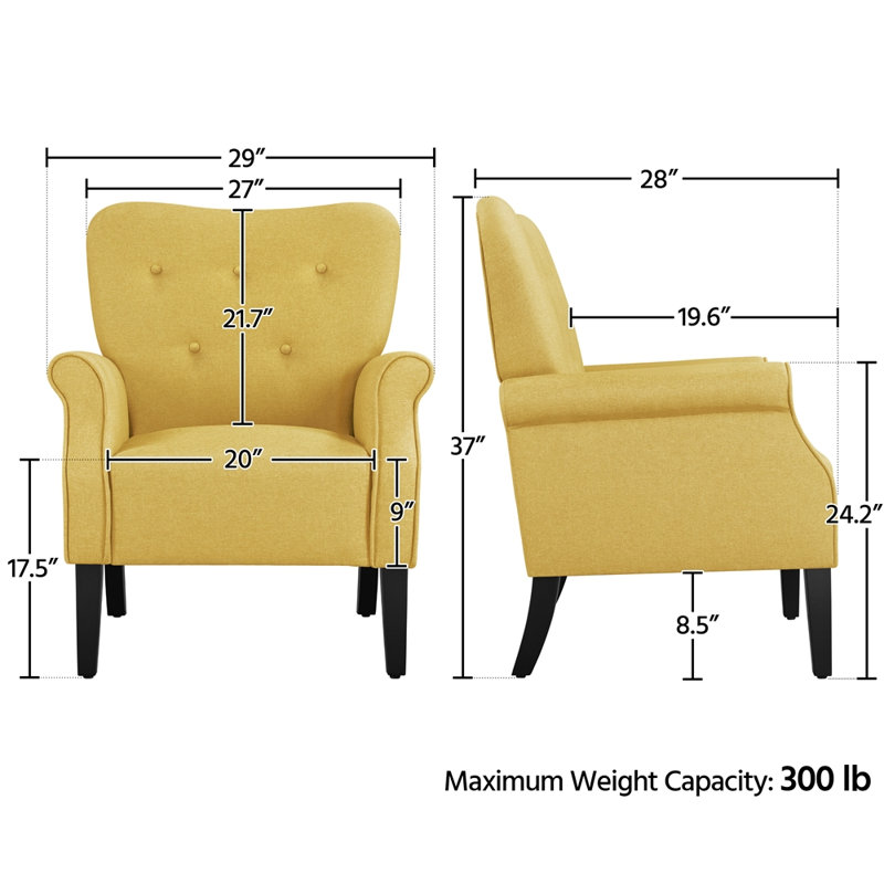 Canapé simple rembourré capitonné avec accoudoirs et pieds en bois 29 po Azani, Mélange de polyester jaune