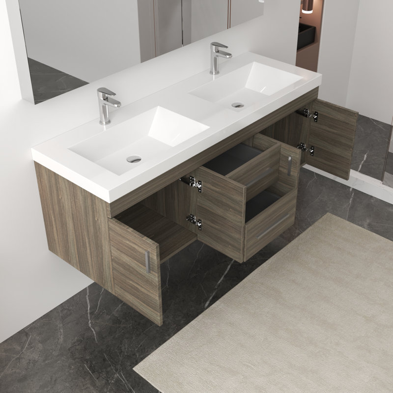 Ensemble de meuble-lavabo mural double 60 po avec surface solide Avalia, gris