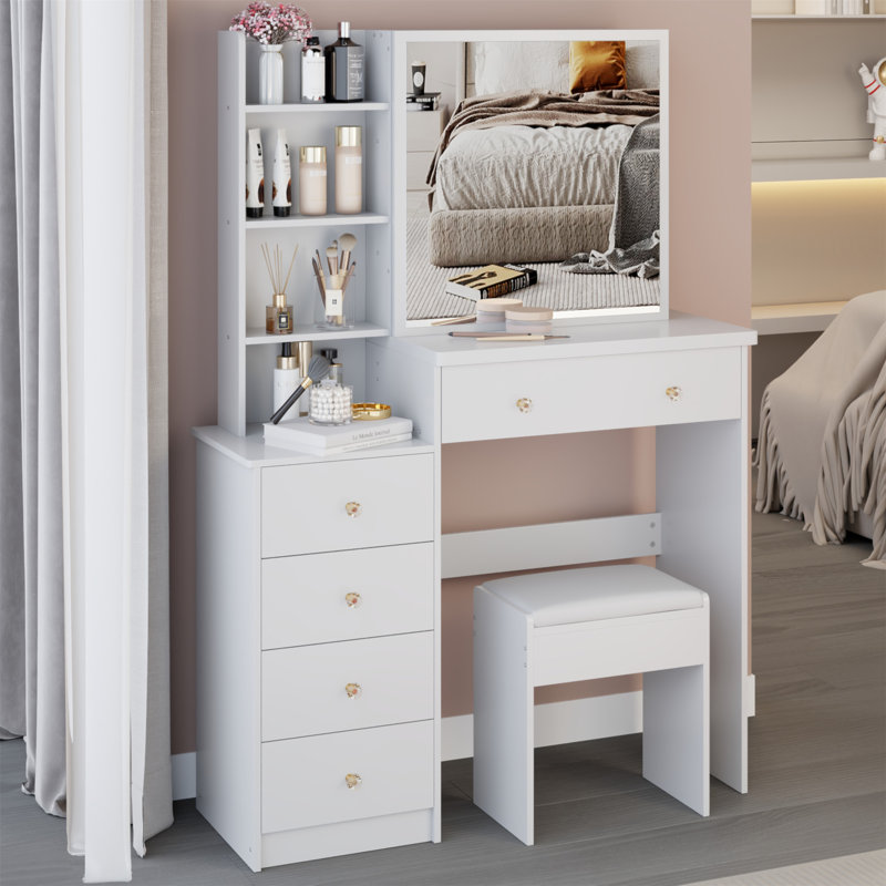 Meuble-lavabo de 37 po avec tabouret de chevet de taille moyenne 37 po + tabouret rembourré, très grand miroir coulissant à droite, rangement multi-couches grande capacité, commode pratique et pratique, convient aux grands espaces