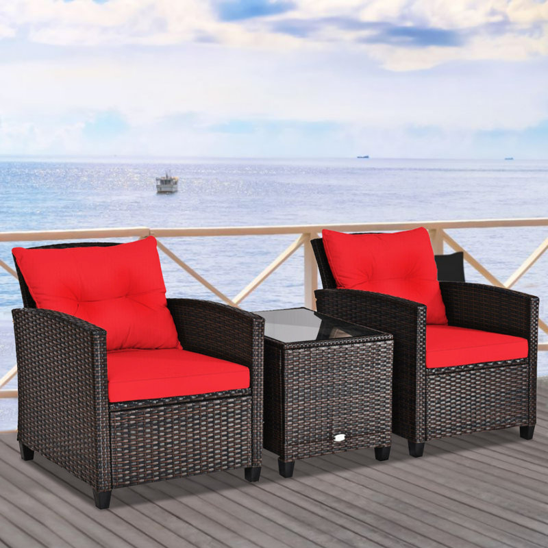 Ensemble de conversation en rotin de trois articles avec coussins, Rouge