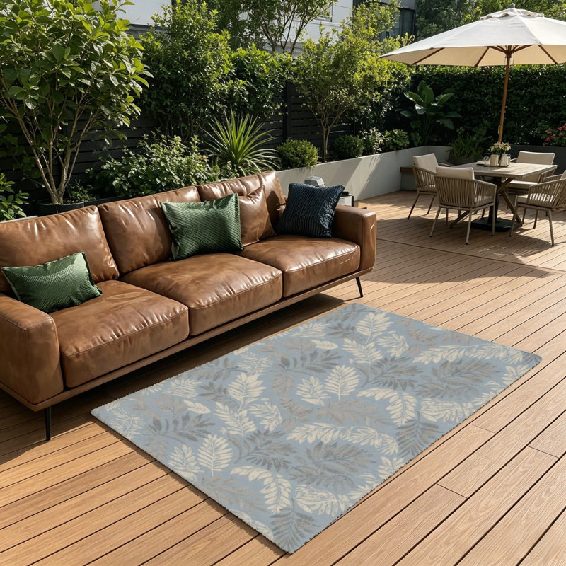 Soft Fern Leaf Print Rug, 5 x 7 Ft for Outdoor Garden & Parlor, Light Blue Beige