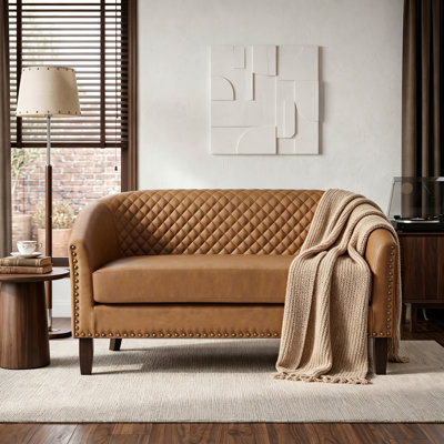 Curved Faux Leather Two-Seater Sofa With Solid Wood Frame