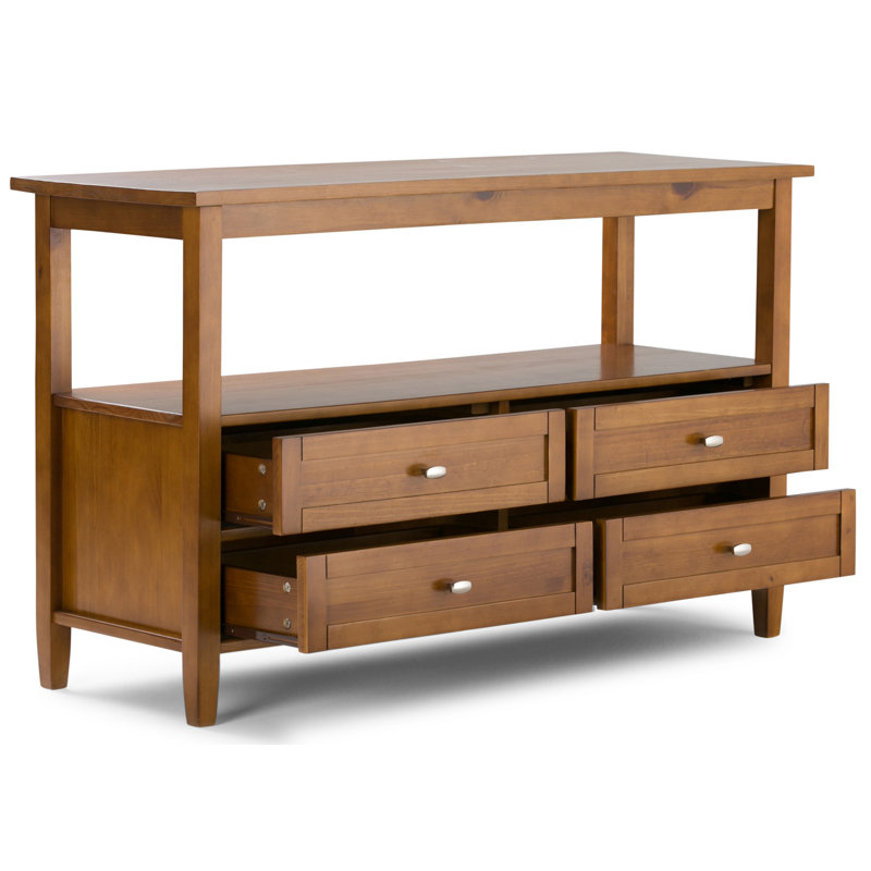 Warm Shaker 48"W Solid Wood Transitional Sofa Table with 4 Drawers, Open Shelf and Brushed Nickel Knobs, Light Golden Brown