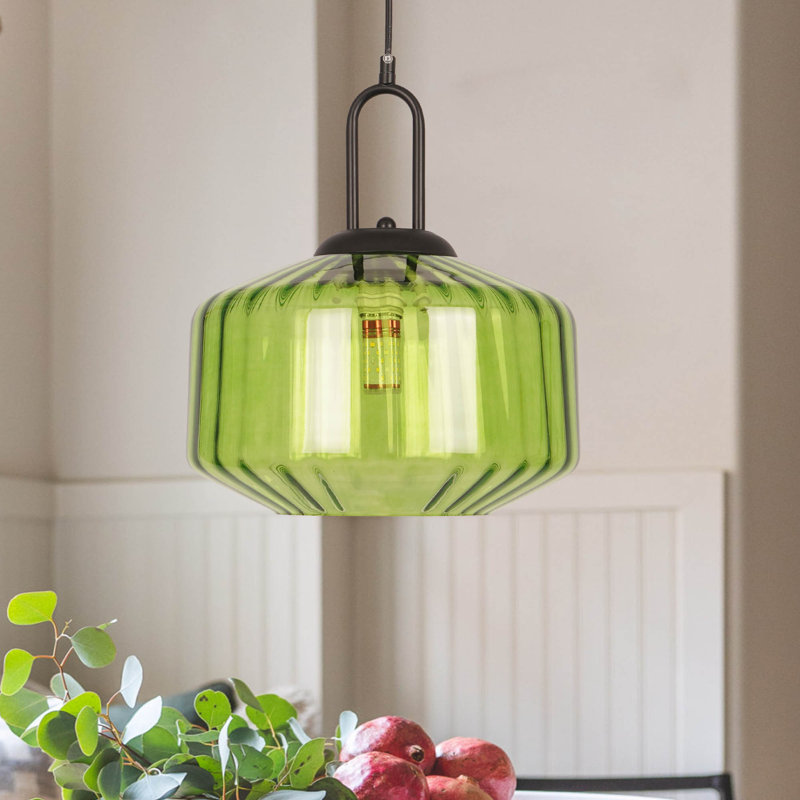 Luminaire suspendu en verre vert moderne à 1 lumière avec abat-jour en verre soufflé