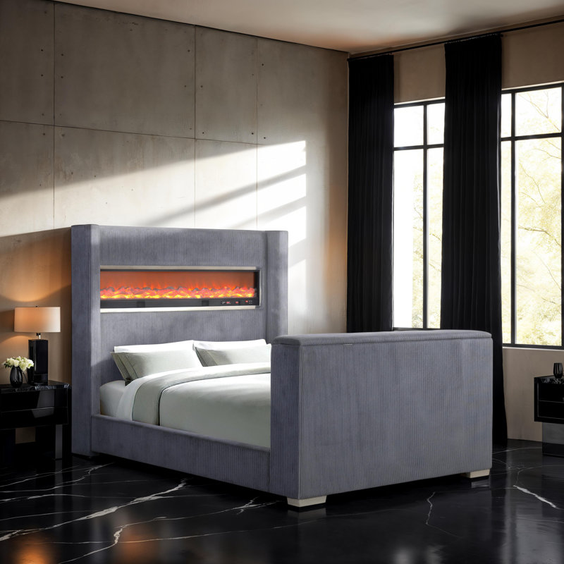 Lit standard Harper avec tête de lit effet de flamme 3D, Gris, Grand
